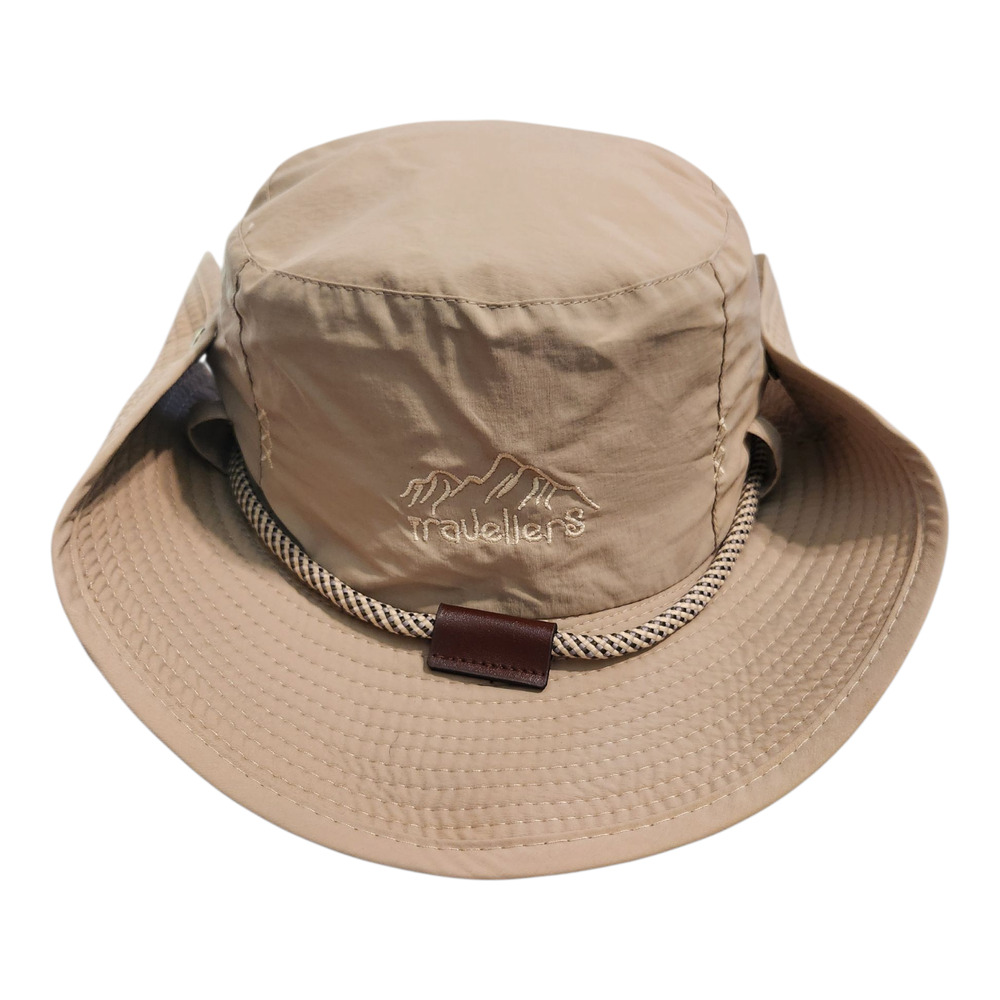 Travellers Tan Wide Brim Sun Hat Mesh Lined Hiking Safari Boonie Hat Snap Sides‎